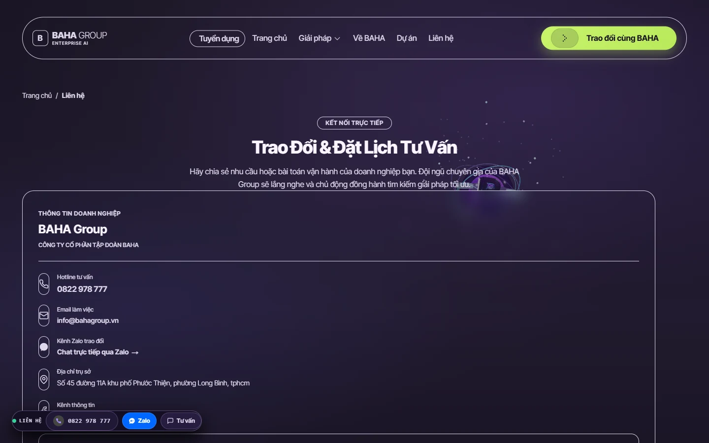 Trang liên hệ tư vấn và khảo sát nhu cầu chuyển đổi số BAHA Group