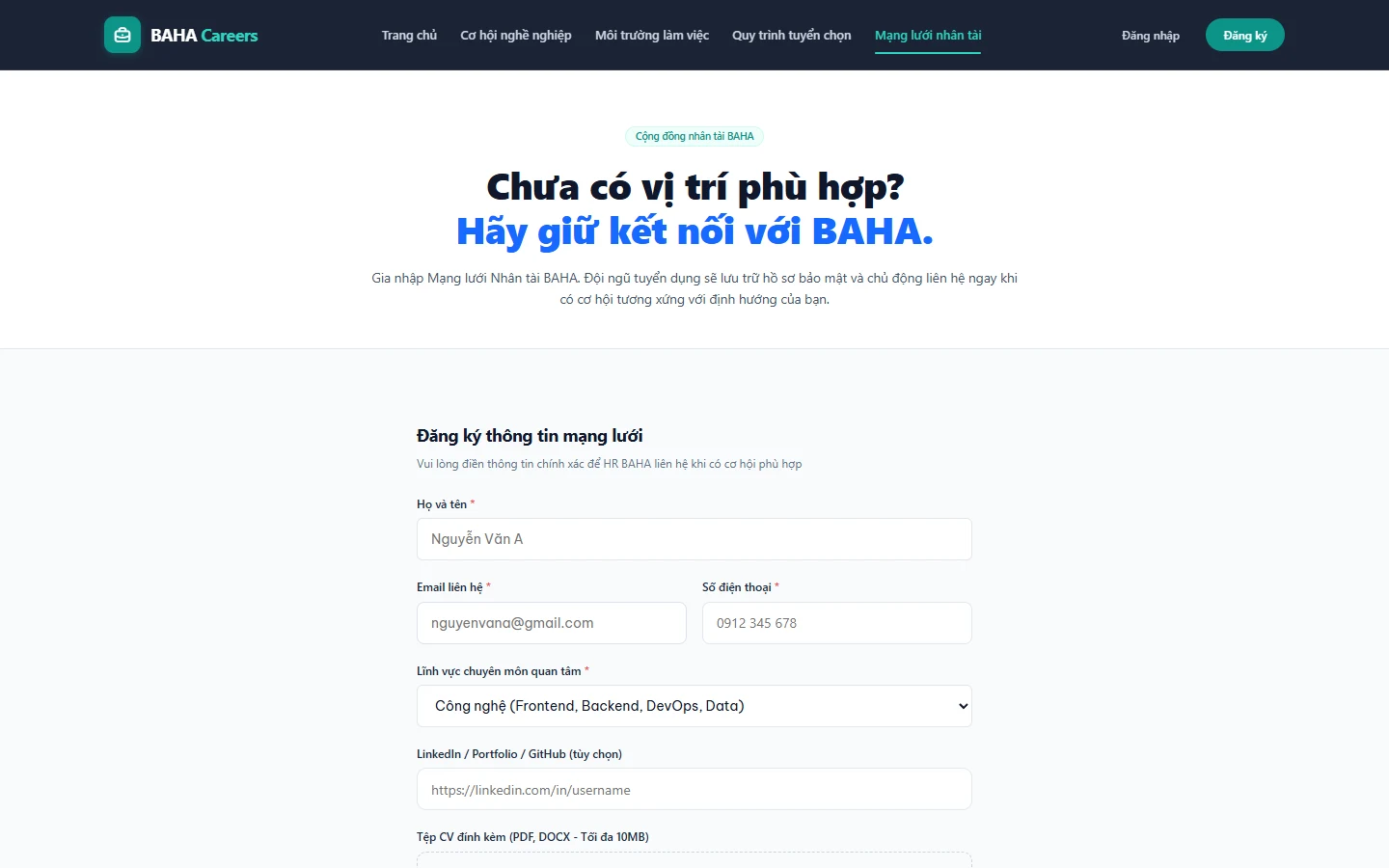 Form đăng ký gia nhập mạng lưới nhân tài Talent Network